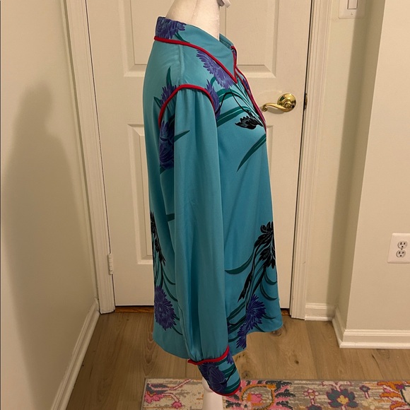 Diane Von Furstenberg Contrasting Piping Floral Silk Shirt Farren Marine Size 8 - Picture 8 of 14